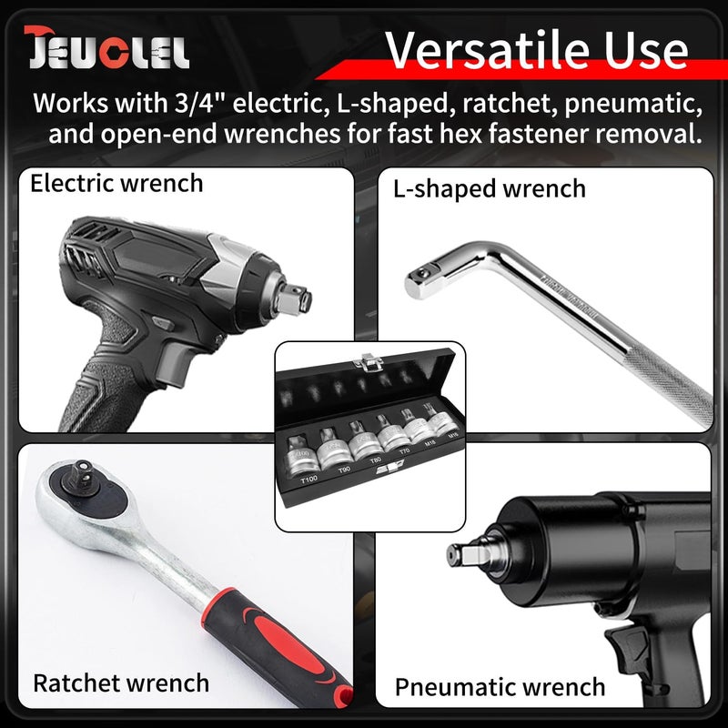 JEUCLEL 6PCS 3/4"Drive Torx Star & Triple Square Impact Socket Set, Cr-MO T100 T90 T80 T70 M18 M16 Impact Drive Allen Socket Kit, Remover Hand Repair Tool - Image 4